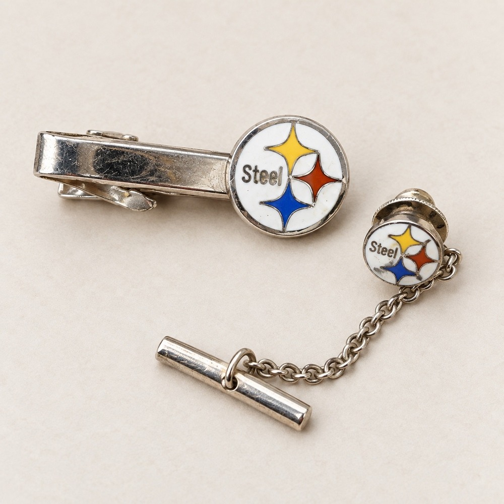 Vintage Pittsburgh Steelers Tie Clip and Lapel Pin Set NFL Football Fan Jewelry